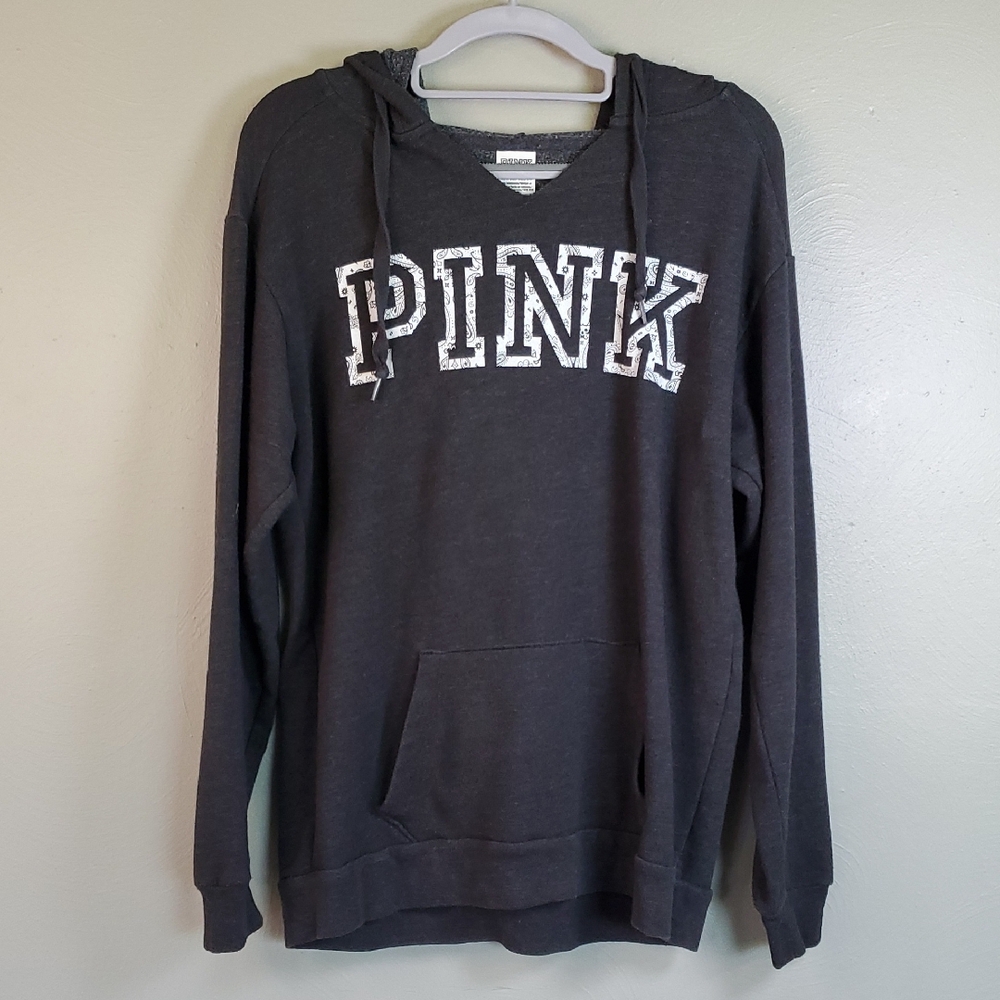 PINK Womens Dark Gray Hoodie With White Paisley Letters. XS